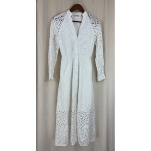 Gepur White Cotton Eyelet Midi Dress A-Line Size M Cottagecore Boho